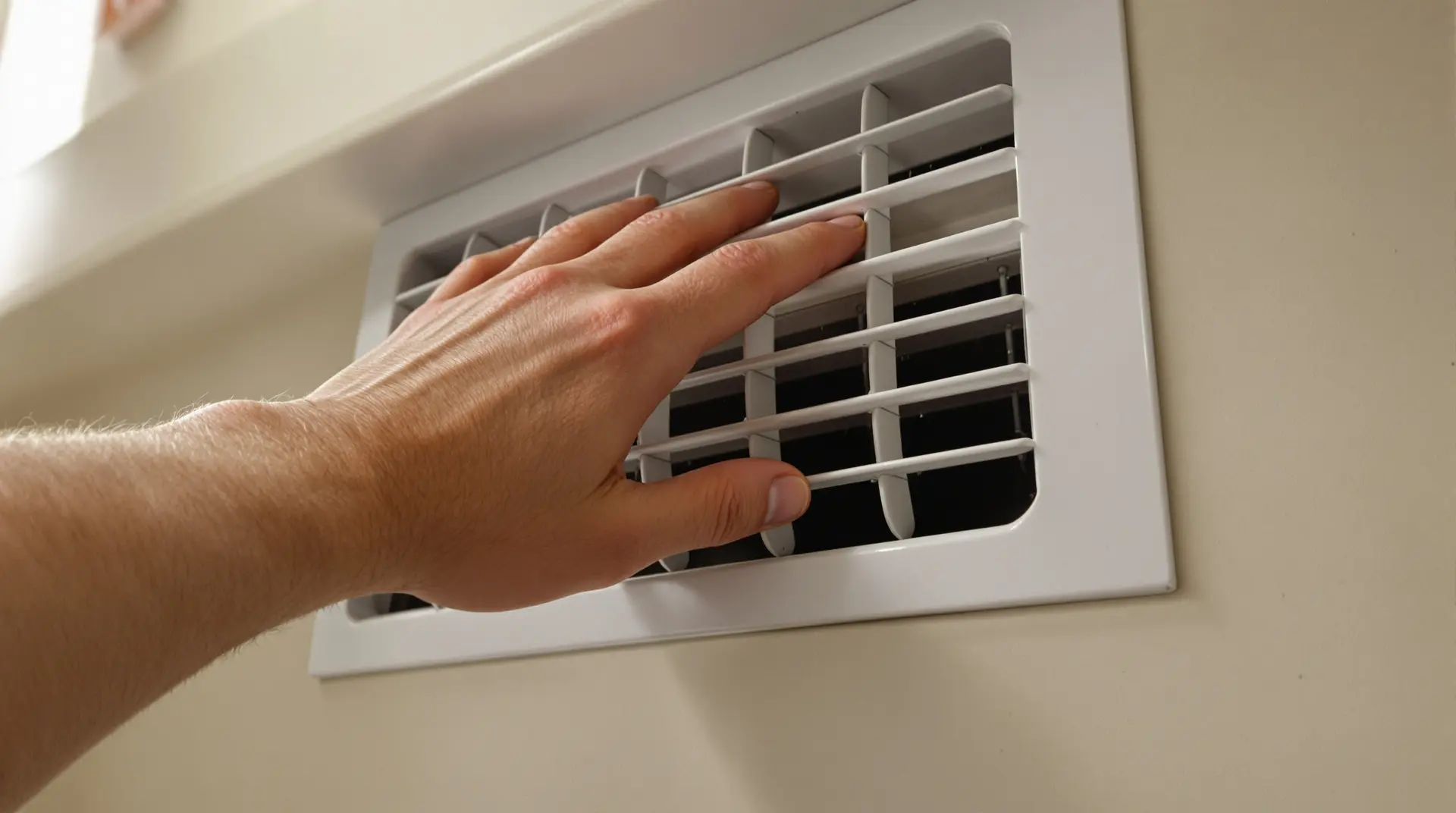 Image of a hand in front of a vent for the blog, Whole-home humidifier sizing Fort Collins